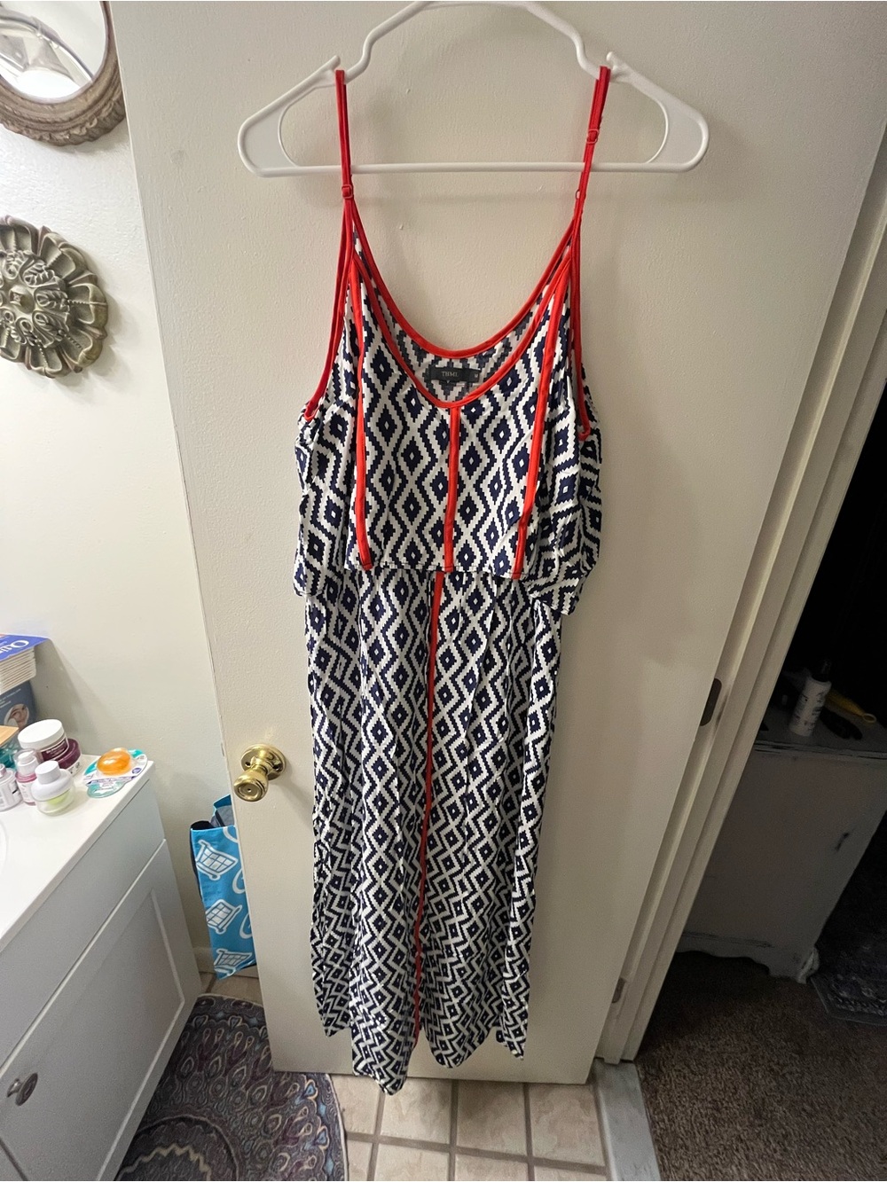 THML Women's Navy and White Geometric Maxi Dress with Red Trim - Picture 2 of 4